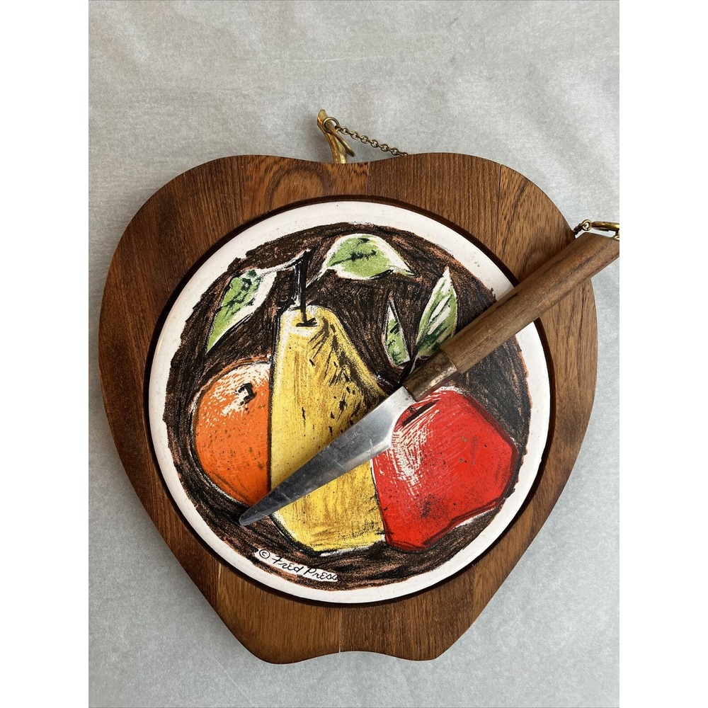 Fred Press Apple Wood Cheese Board Ceramic Tile + Knife Vintage MCM 1960s Retro